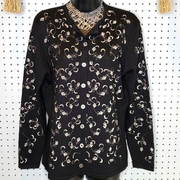 Pendleton Black & Silver Embroidered Roses Lightweight Cardigan Sweater, Sz M - Picture 1 of 6